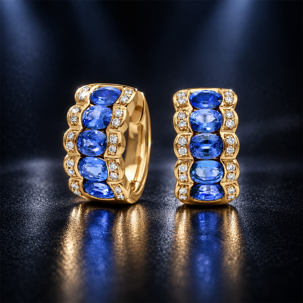 Triple Row Yellow Gold Oval Cut Blue Sapphire Hoop Earrings For Women