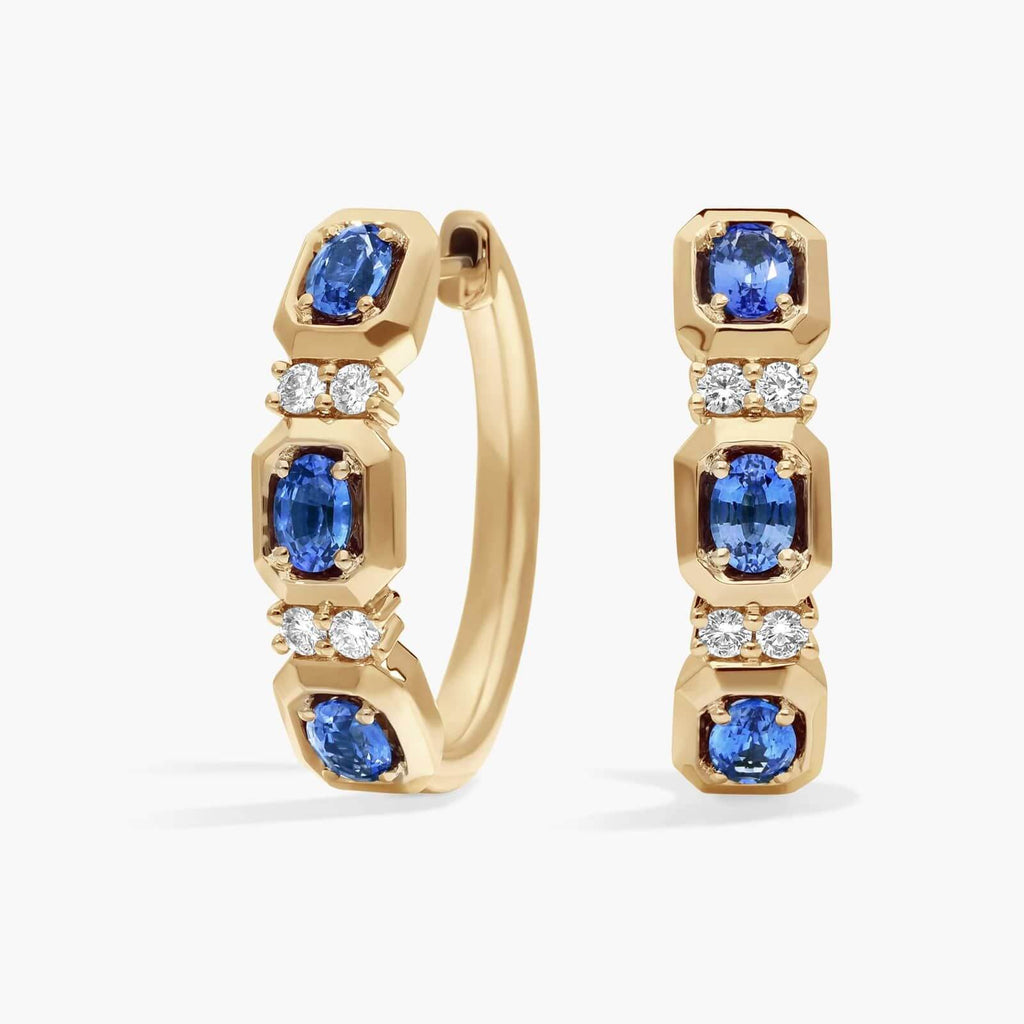 Fashion Yellow Gold Oval Cut Blue Sapphire Hoop Earring For Women