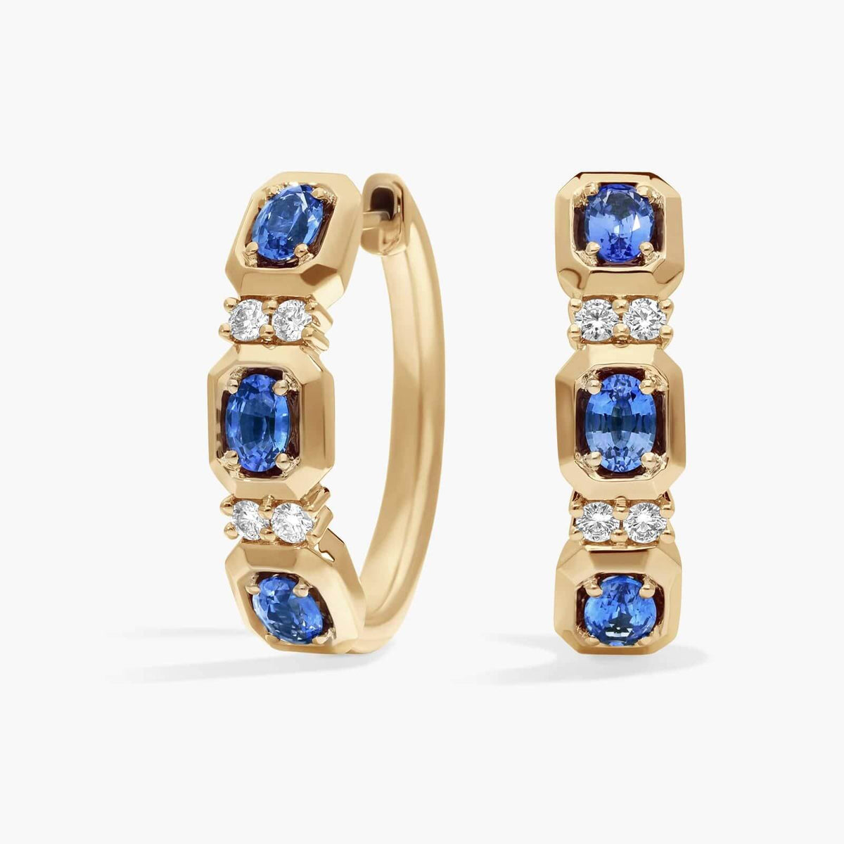 Fashion Yellow Gold Oval Cut Blue Sapphire Hoop Earring For Women