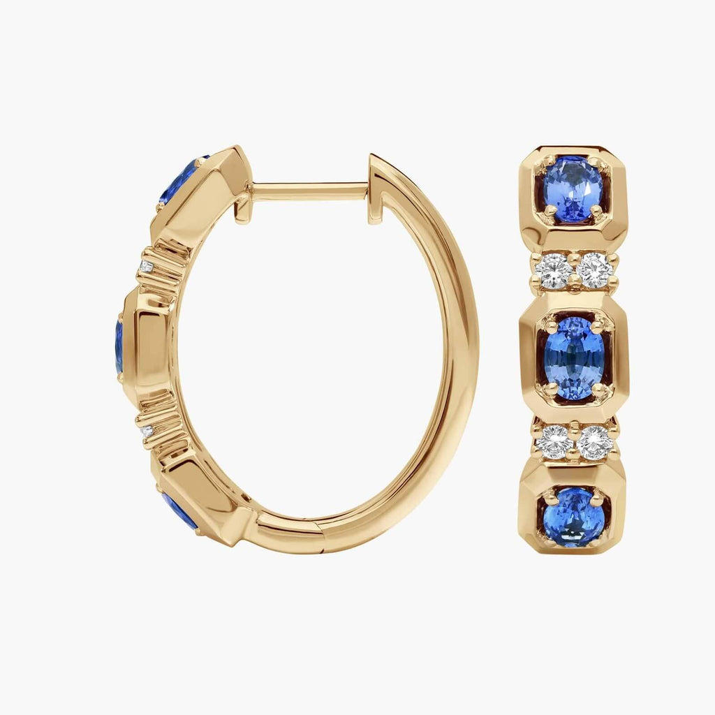 Fashion Yellow Gold Oval Cut Blue Sapphire Hoop Earring For Women