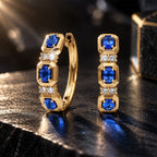 Fashion Yellow Gold Oval Cut Blue Sapphire Hoop Earring For Women
