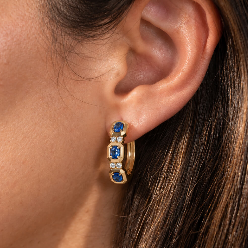 Fashion Yellow Gold Oval Cut Blue Sapphire Hoop Earring For Women