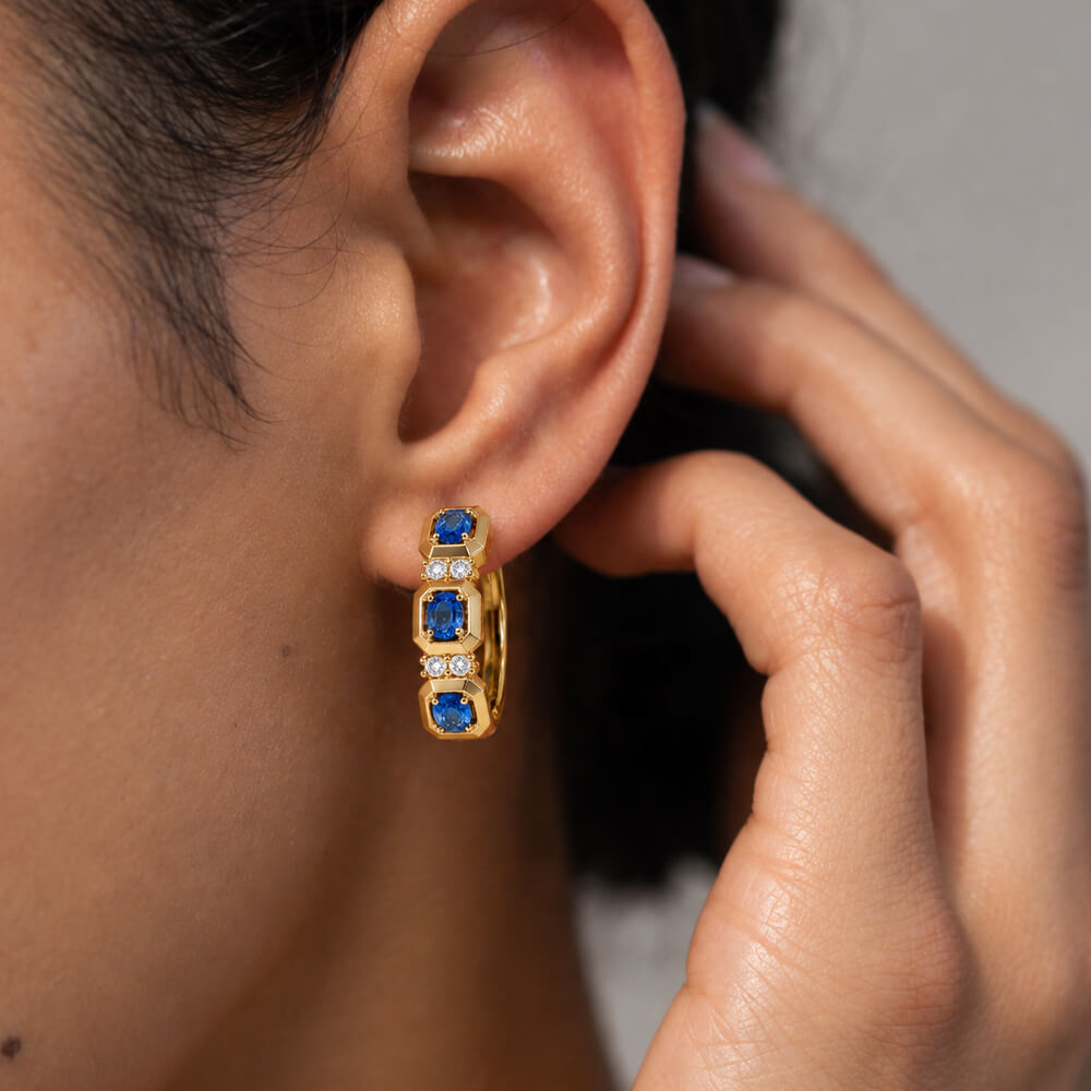 Fashion Yellow Gold Oval Cut Blue Sapphire Hoop Earring For Women