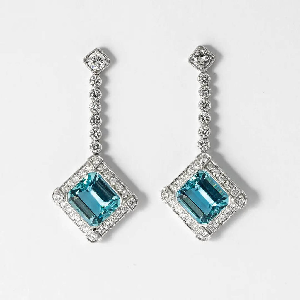 Luxury Jewelry Halo Emerald Cut Aquamarine Sapphire Drop Earrings