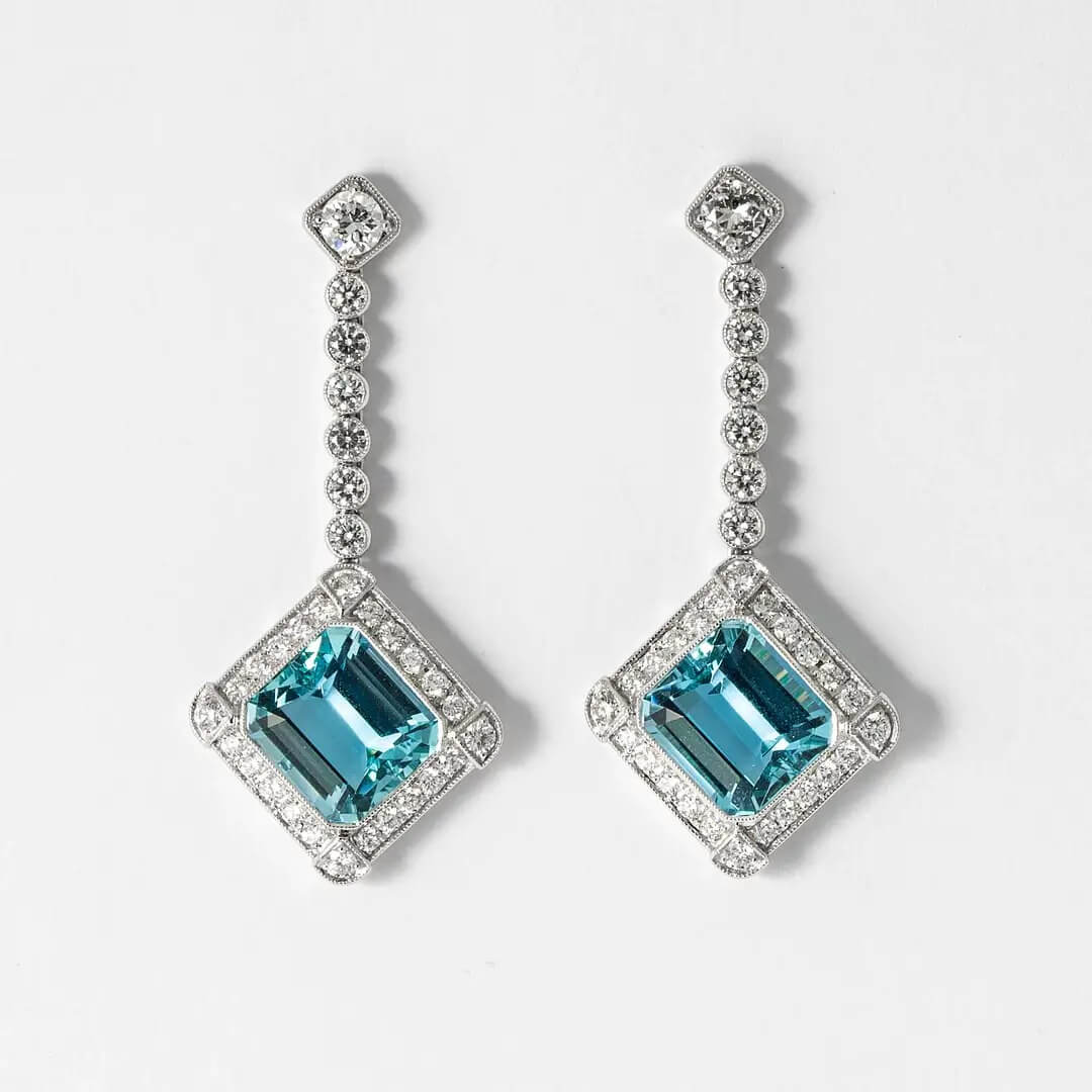 Luxury Jewelry Halo Emerald Cut Aquamarine Sapphire Drop Earrings