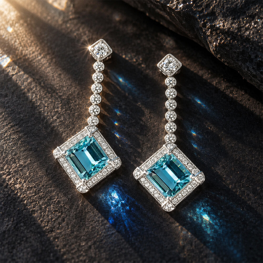 Luxury Jewelry Halo Emerald Cut Aquamarine Sapphire Drop Earrings
