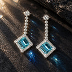 Luxury Jewelry Halo Emerald Cut Aquamarine Sapphire Drop Earrings