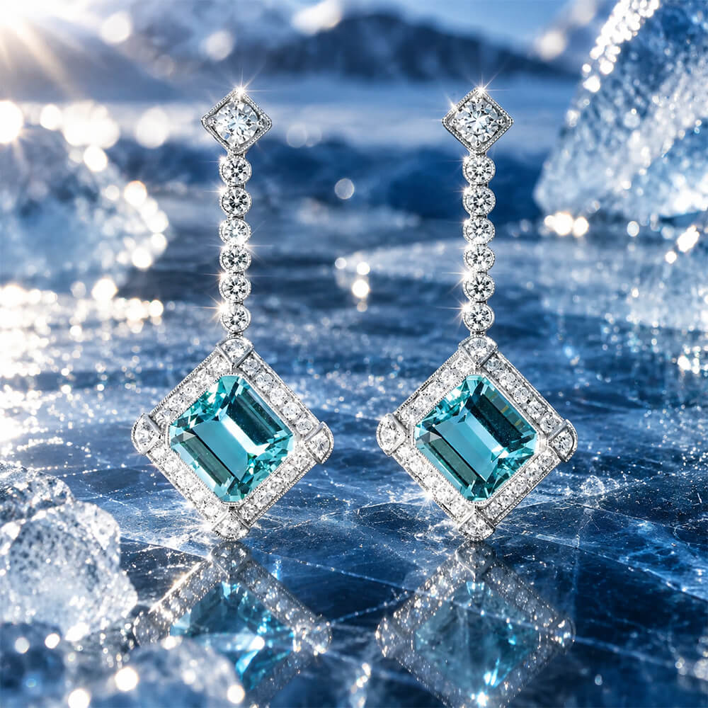 Luxury Jewelry Halo Emerald Cut Aquamarine Sapphire Drop Earrings