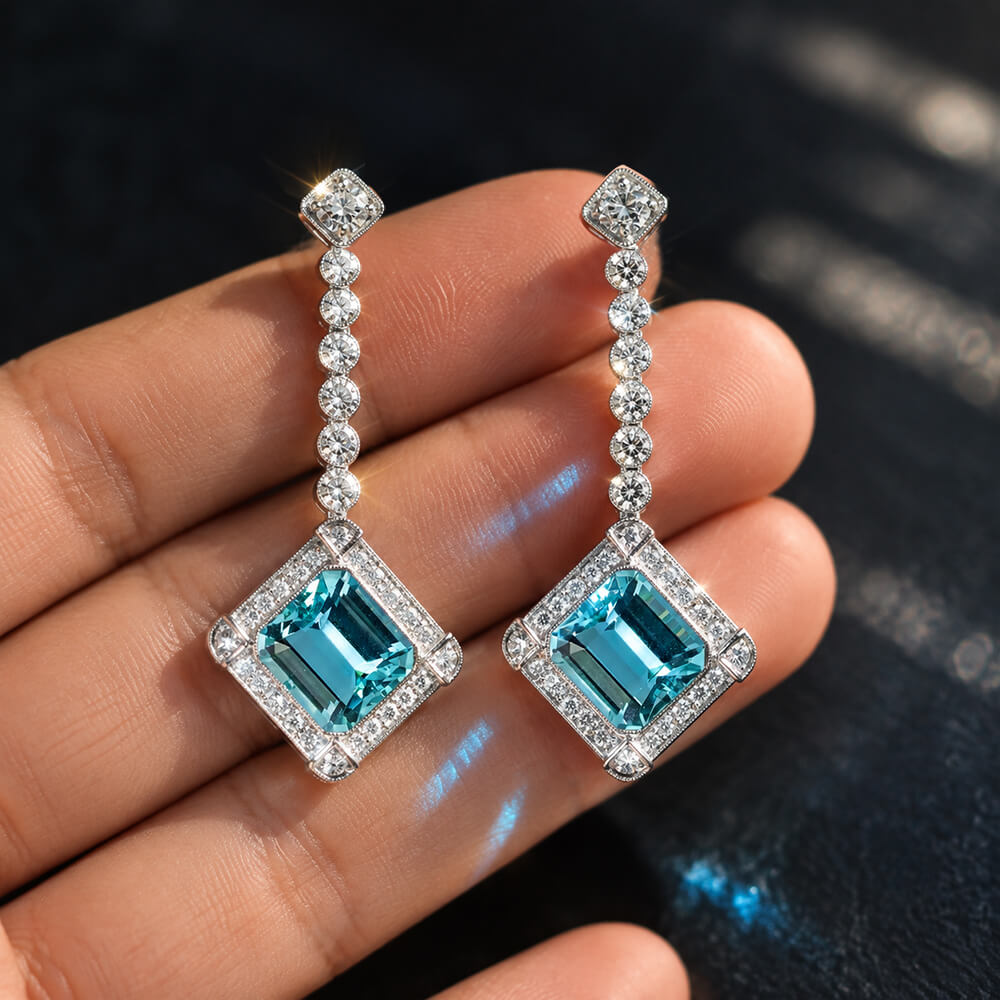Luxury Jewelry Halo Emerald Cut Aquamarine Sapphire Drop Earrings