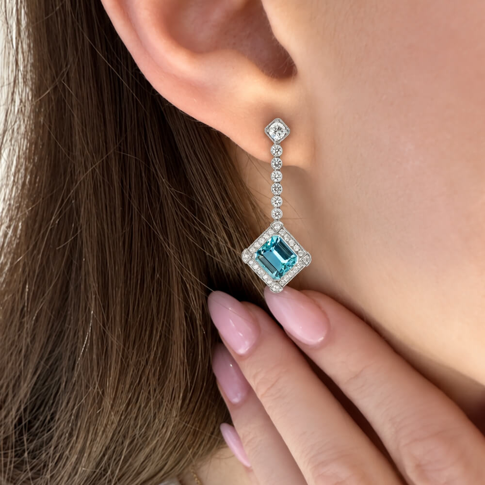 Luxury Jewelry Halo Emerald Cut Aquamarine Sapphire Drop Earrings