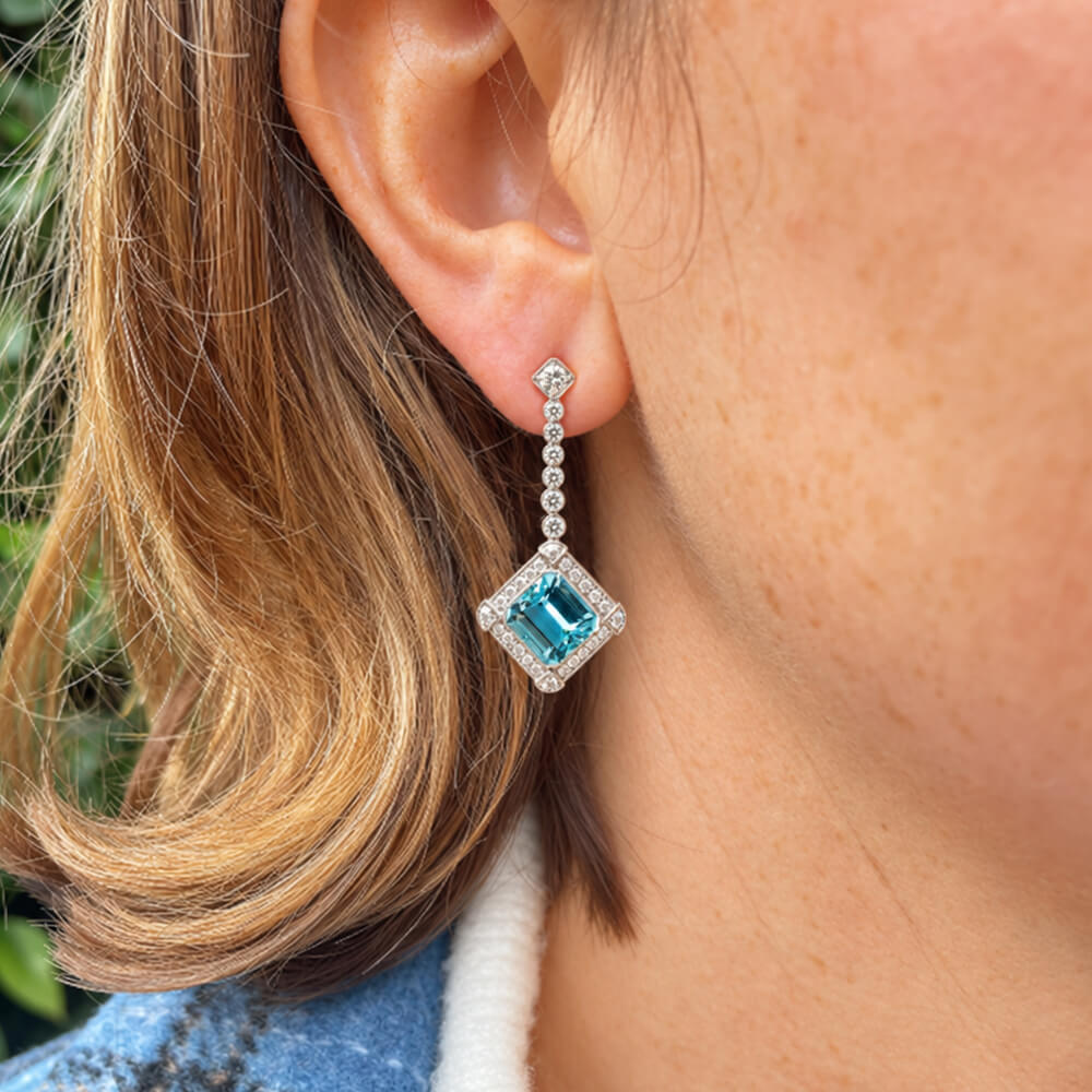 Luxury Jewelry Halo Emerald Cut Aquamarine Sapphire Drop Earrings
