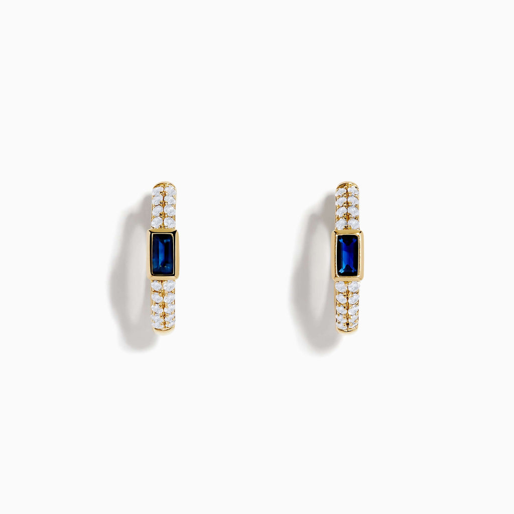 Classic Bezel Yellow Gold Emerald Cut Blue & White Sapphire Hoop Earrings For Women