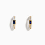 Classic Bezel Yellow Gold Emerald Cut Blue & White Sapphire Hoop Earrings For Women