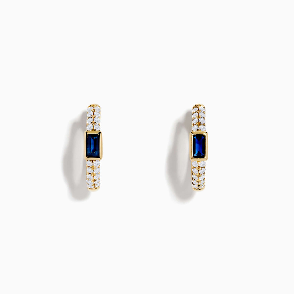 Classic Bezel Yellow Gold Emerald Cut Blue & White Sapphire Hoop Earrings For Women