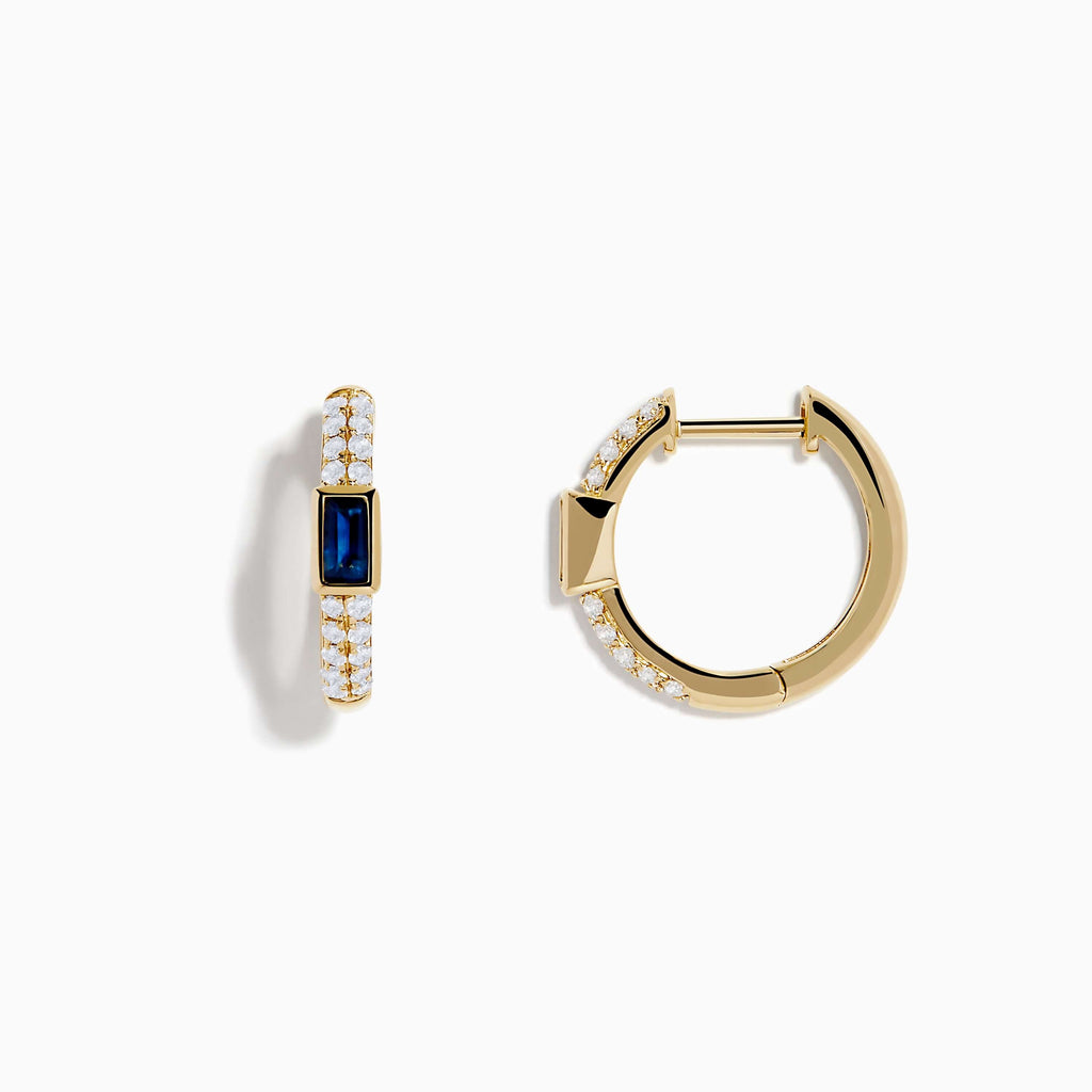 Classic Bezel Yellow Gold Emerald Cut Blue & White Sapphire Hoop Earrings For Women
