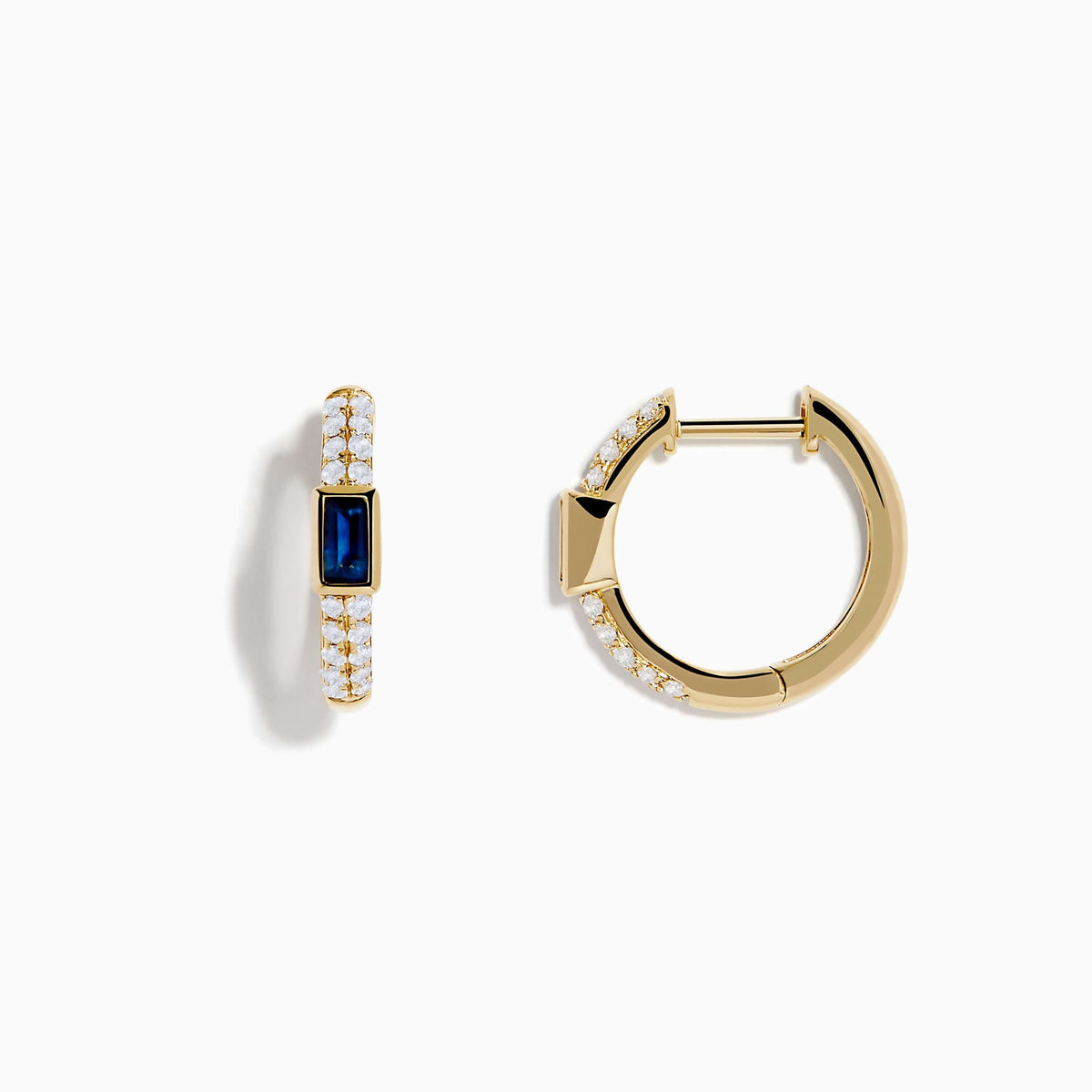 Classic Bezel Yellow Gold Emerald Cut Blue & White Sapphire Hoop Earrings For Women