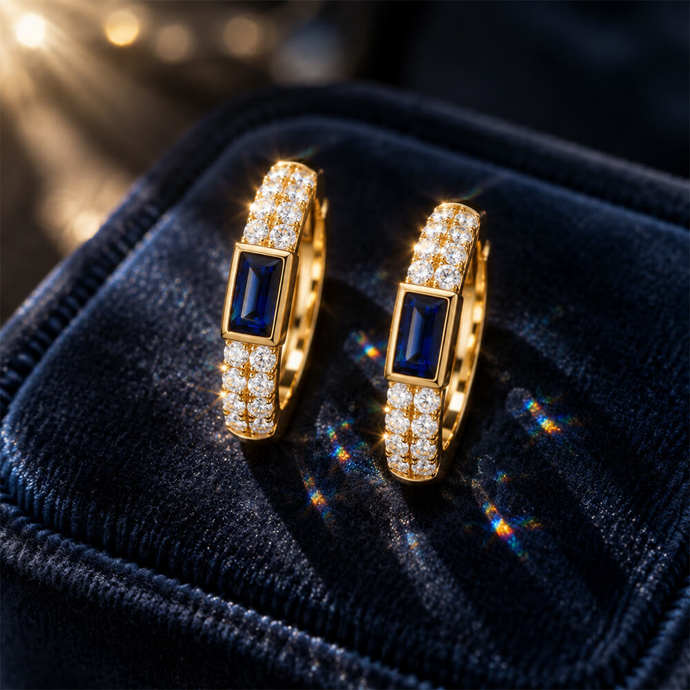 Classic Bezel Yellow Gold Emerald Cut Blue & White Sapphire Hoop Earrings For Women