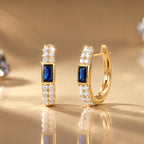 Classic Bezel Yellow Gold Emerald Cut Blue & White Sapphire Hoop Earrings For Women