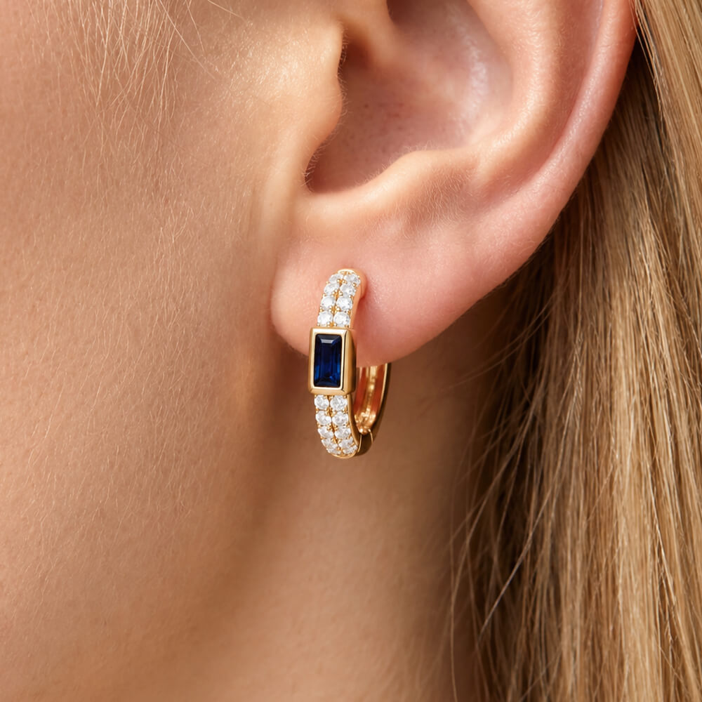 Classic Bezel Yellow Gold Emerald Cut Blue & White Sapphire Hoop Earrings For Women