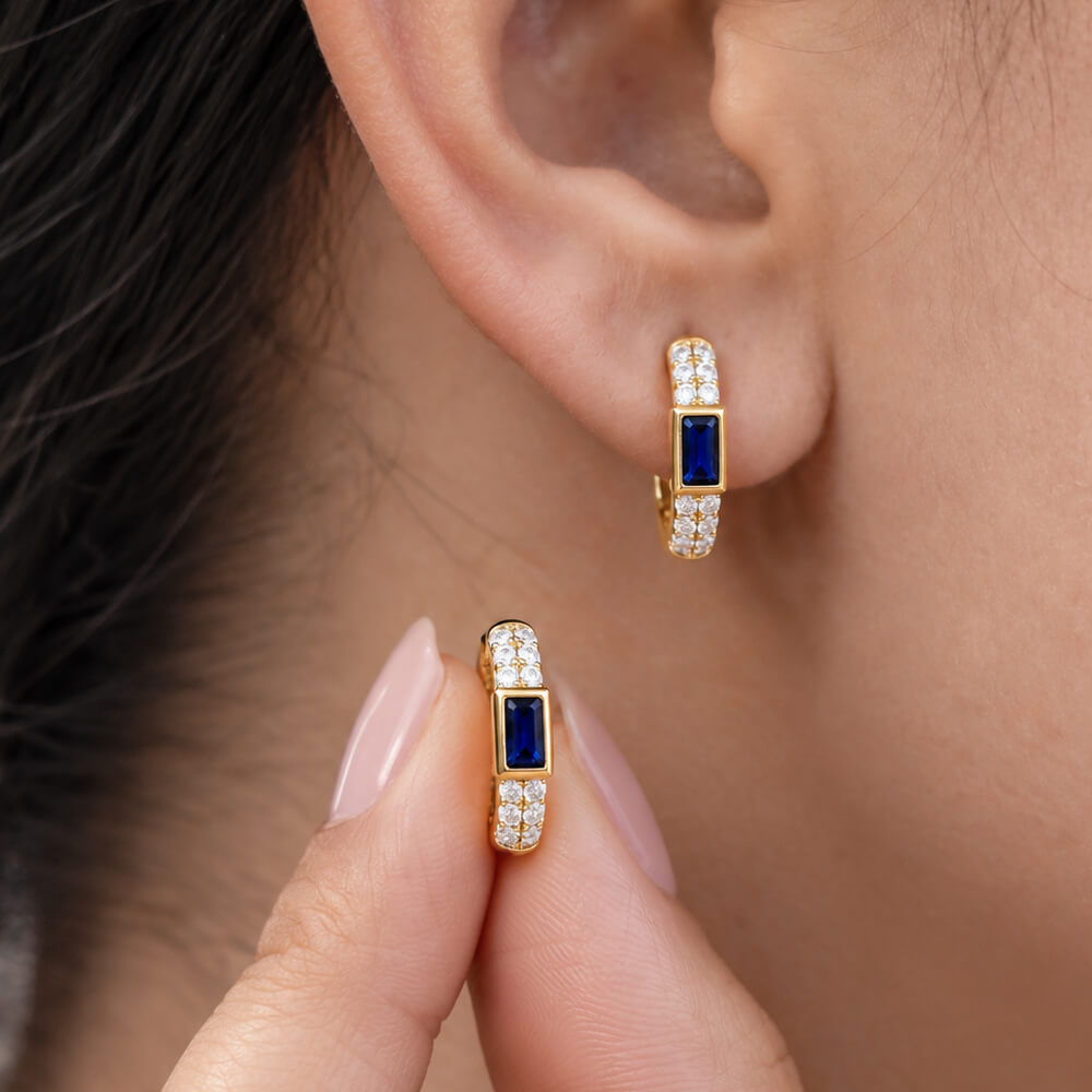 Classic Bezel Yellow Gold Emerald Cut Blue & White Sapphire Hoop Earrings For Women