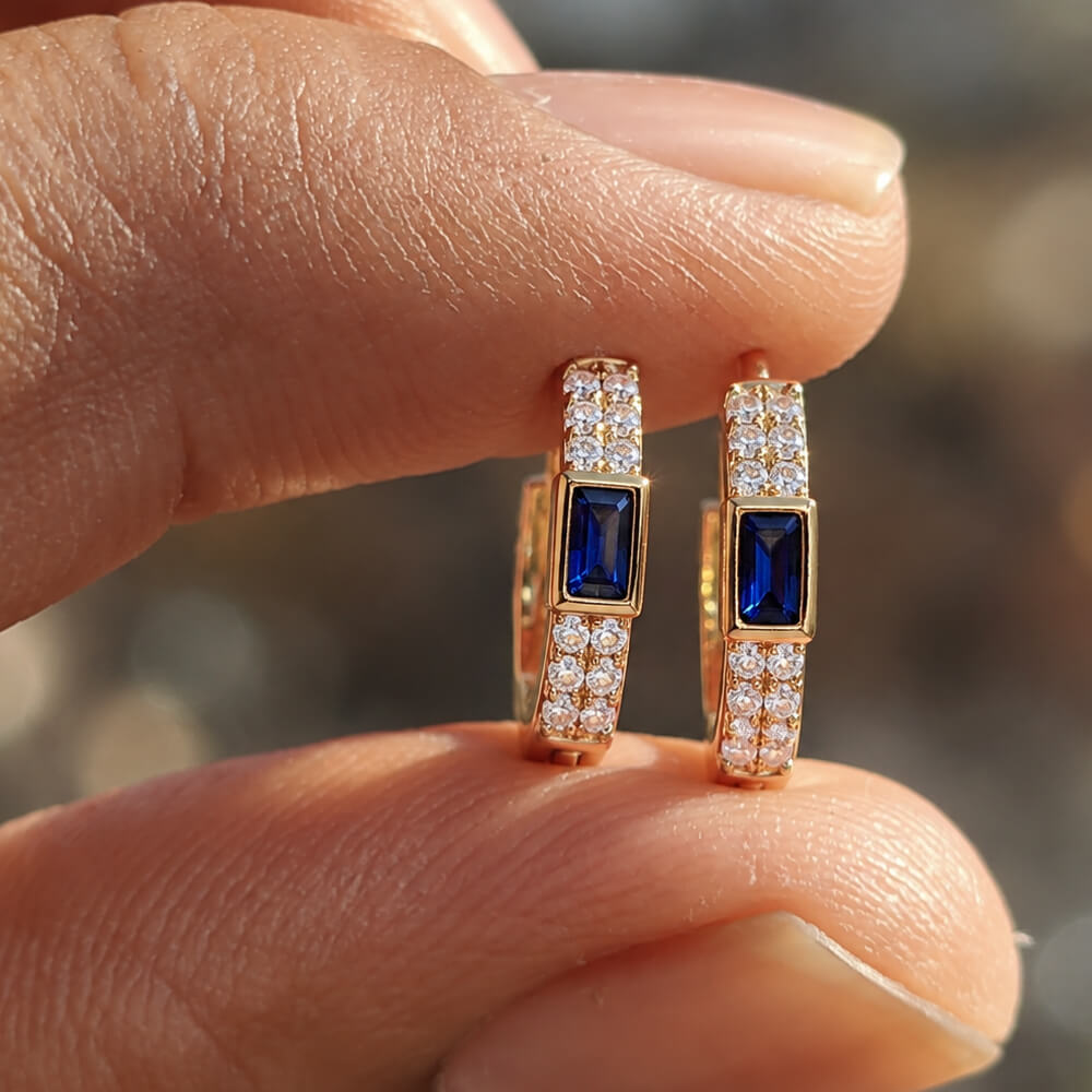 Classic Bezel Yellow Gold Emerald Cut Blue & White Sapphire Hoop Earrings For Women