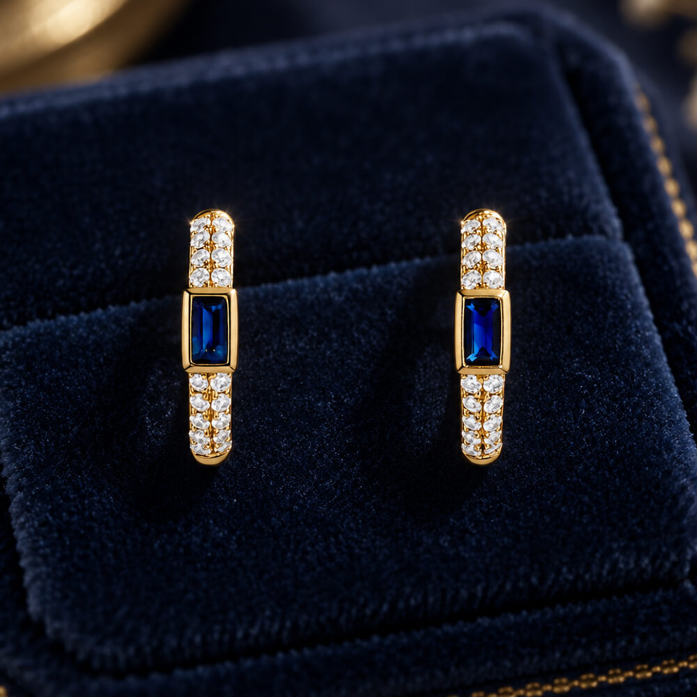 Classic Bezel Yellow Gold Emerald Cut Blue & White Sapphire Hoop Earrings For Women