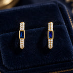 Classic Bezel Yellow Gold Emerald Cut Blue & White Sapphire Hoop Earrings For Women