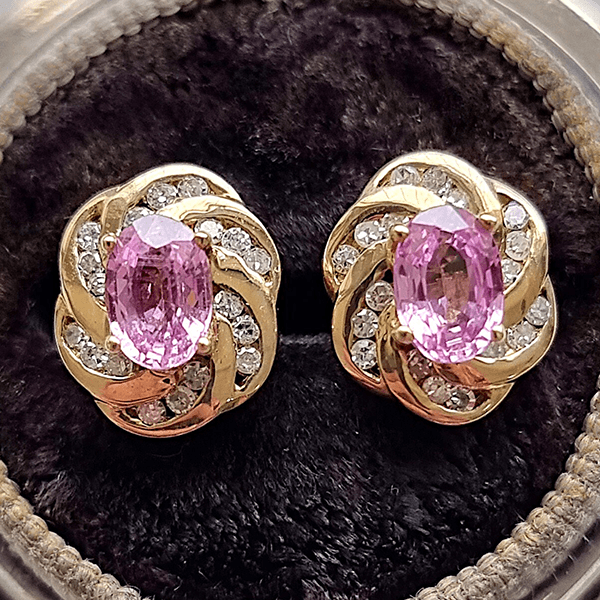 Vintage Yellow Gold Oval Cut Pink Sapphire Stud Earrings For Women