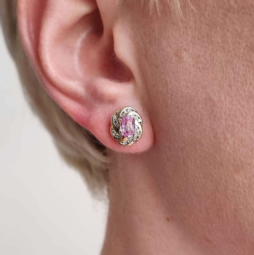 Vintage Yellow Gold Oval Cut Pink Sapphire Stud Earrings For Women