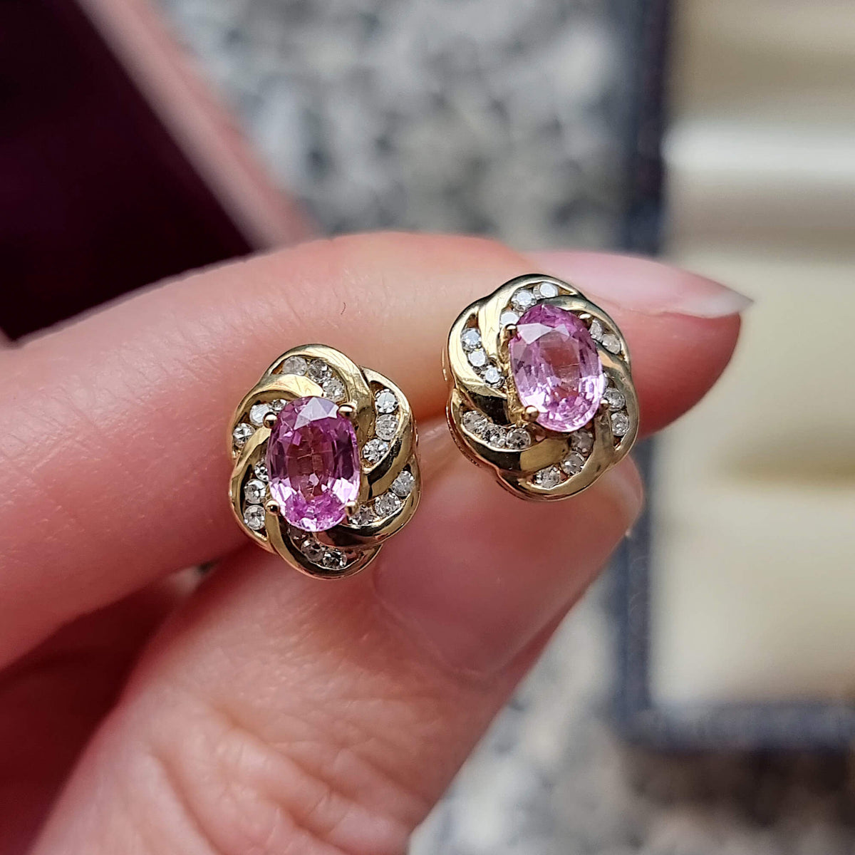 Vintage Yellow Gold Oval Cut Pink Sapphire Stud Earrings For Women