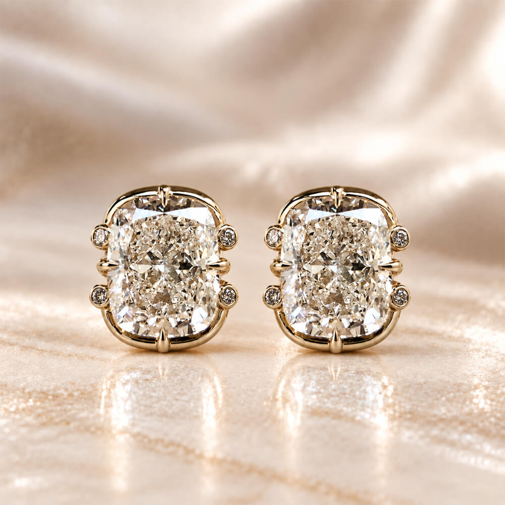 Unique Design Yellow Gold Cushion Cut White Sapphire Stud Earrings For Women