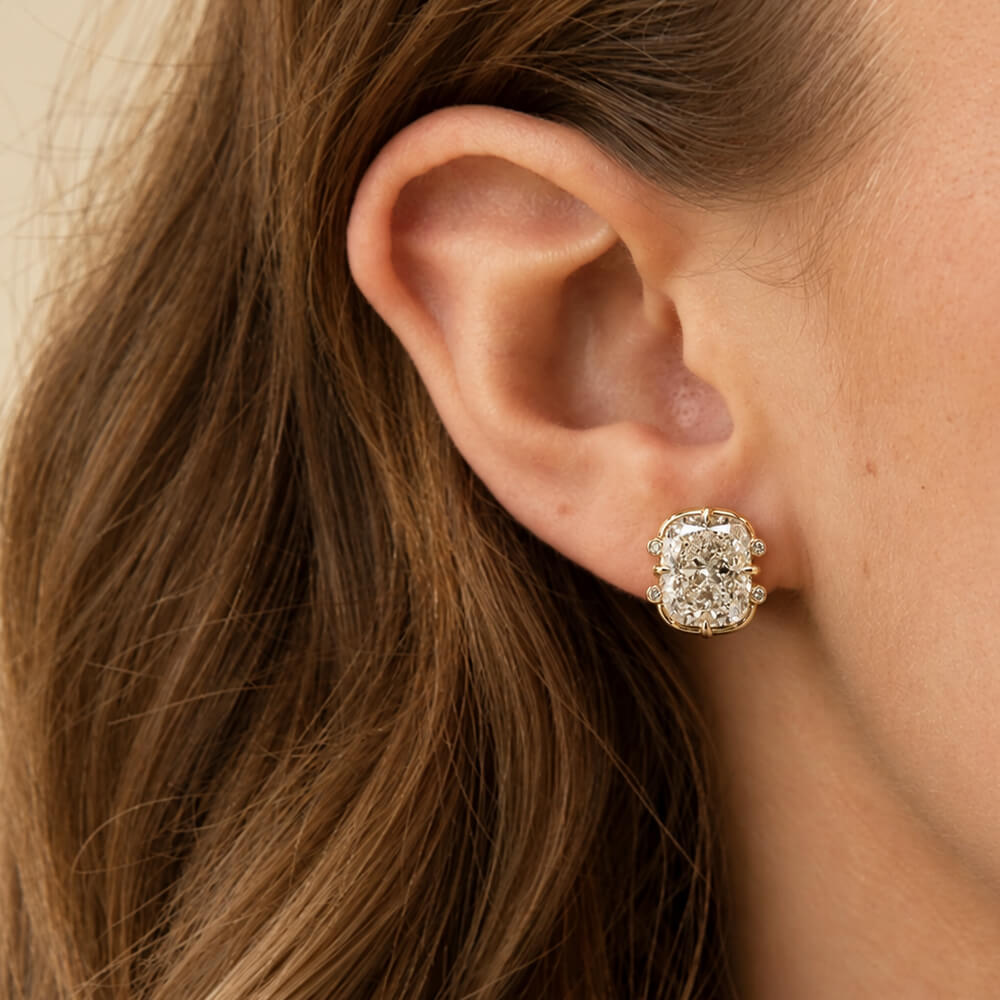 Unique Design Yellow Gold Cushion Cut White Sapphire Stud Earrings For Women