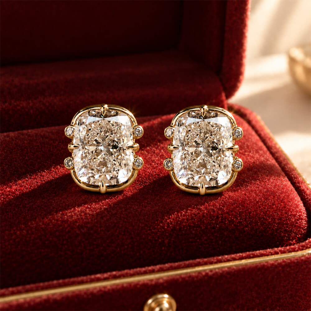 Unique Design Yellow Gold Cushion Cut White Sapphire Stud Earrings For Women