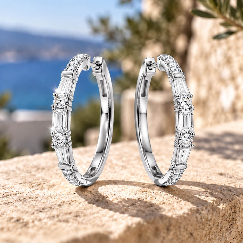 Luxury Jewelry Baguette & Round Cut White Sapphire Hoop Earrings For Women