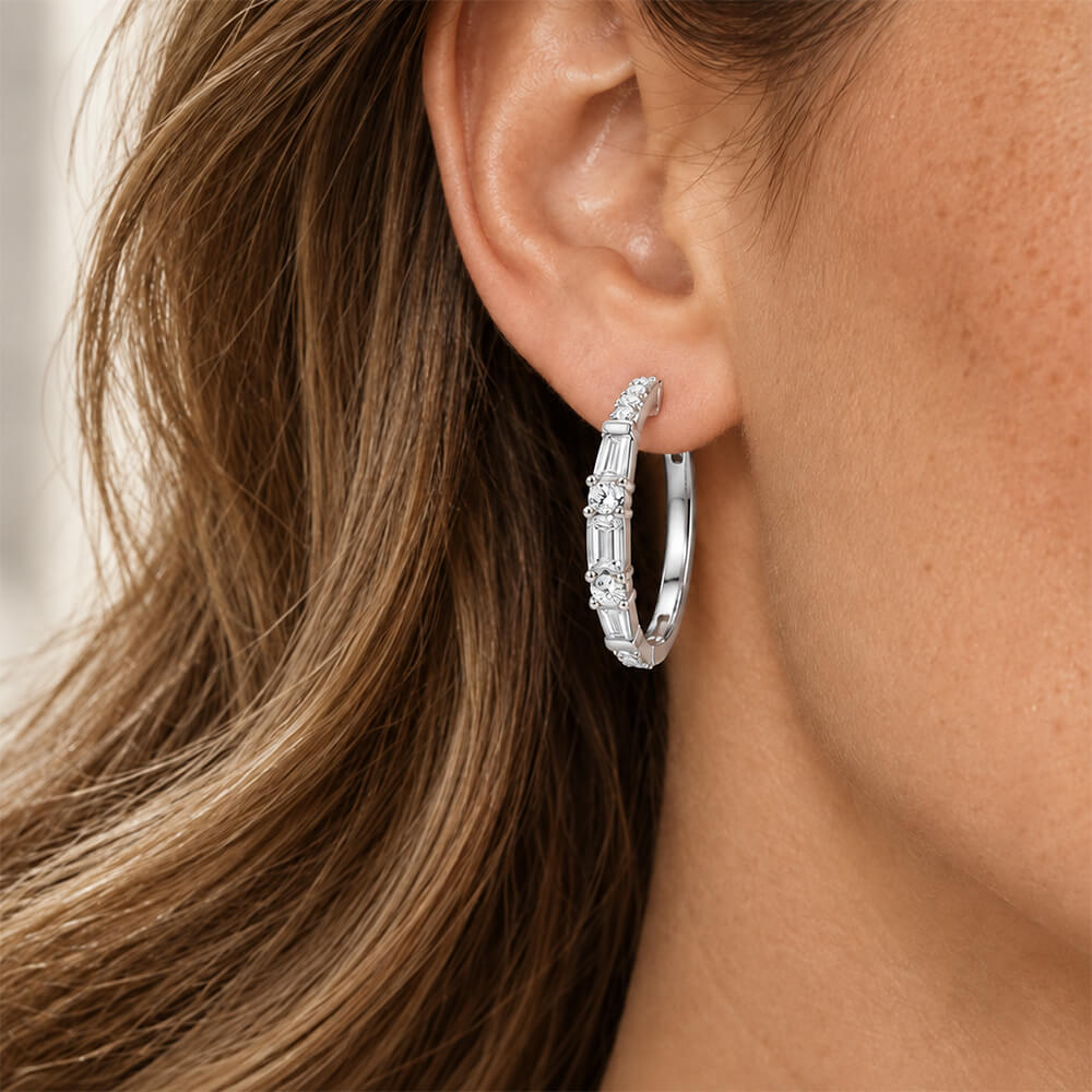 Luxury Jewelry Baguette & Round Cut White Sapphire Hoop Earrings For Women
