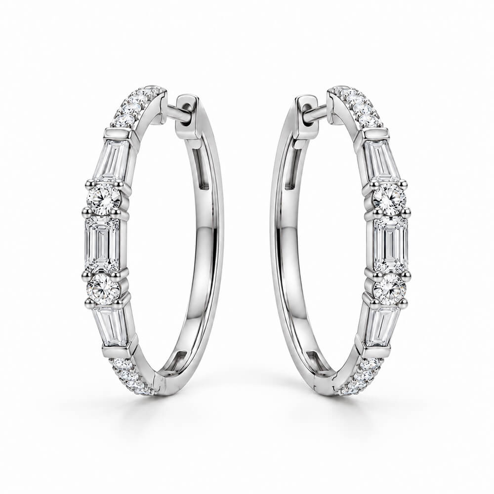 Luxury Jewelry Baguette & Round Cut White Sapphire Hoop Earrings For Women