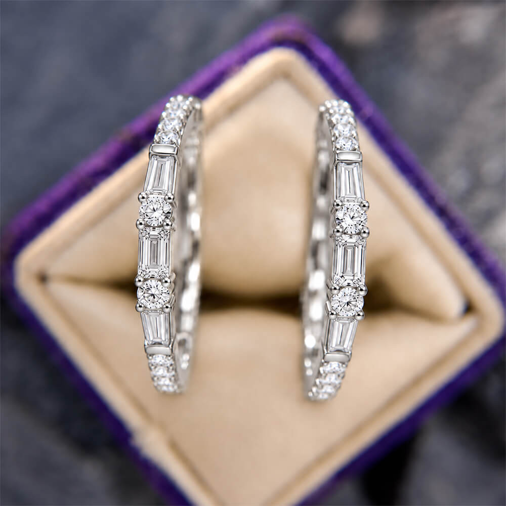 Luxury Jewelry Baguette & Round Cut White Sapphire Hoop Earrings For Women