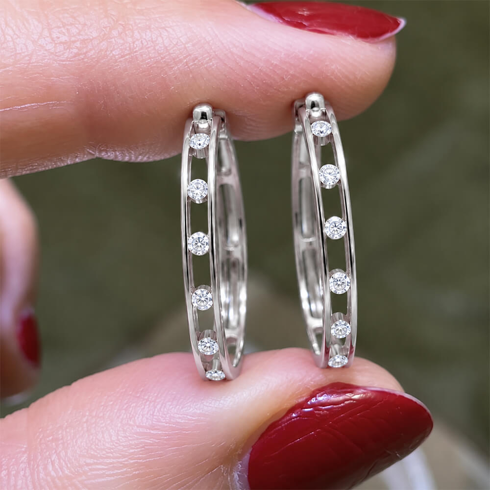 Unique Design Channel Setting Round Cut White Sapphire Hoop Earrings For Women