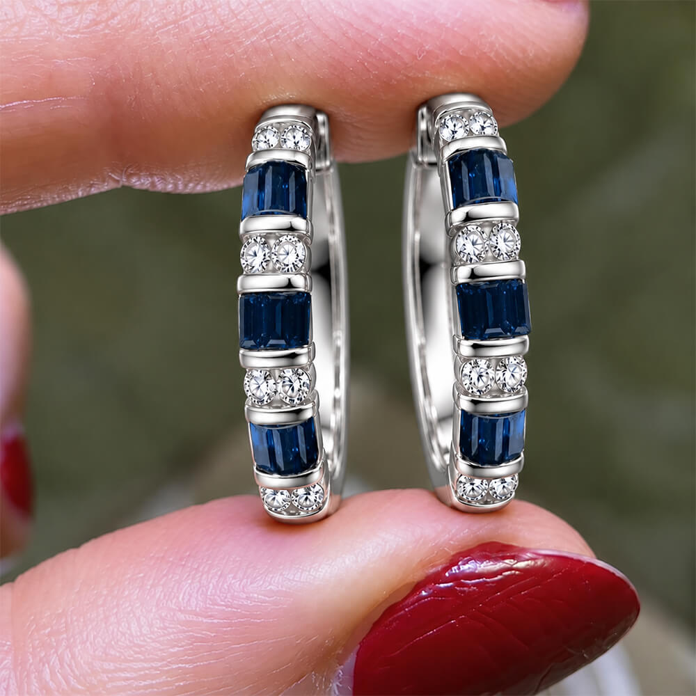 Vintage Channel Setting Baguette & Round Cut Blue & White Sapphire Hoop Earring For Women