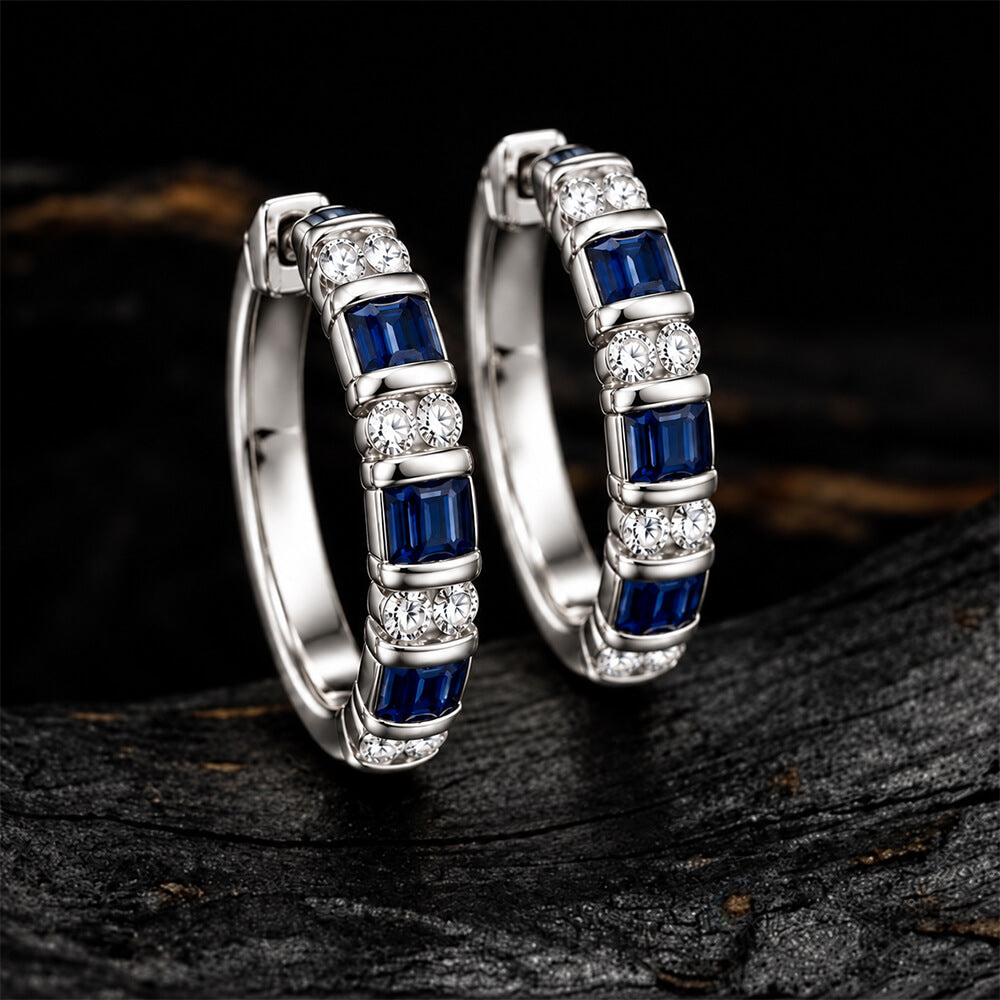 Vintage Channel Setting Baguette & Round Cut Blue & White Sapphire Hoop Earring For Women