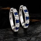 Vintage Channel Setting Baguette & Round Cut Blue & White Sapphire Hoop Earring For Women
