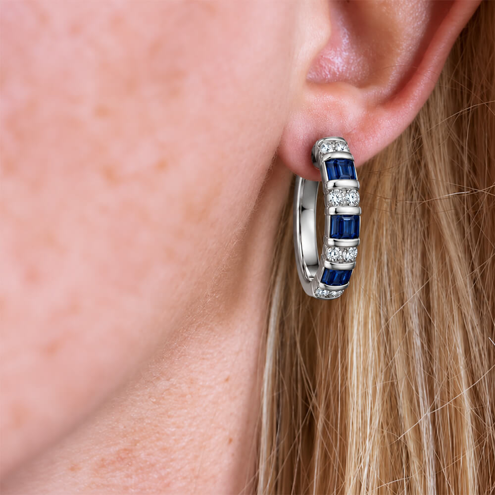 Vintage Channel Setting Baguette & Round Cut Blue & White Sapphire Hoop Earring For Women