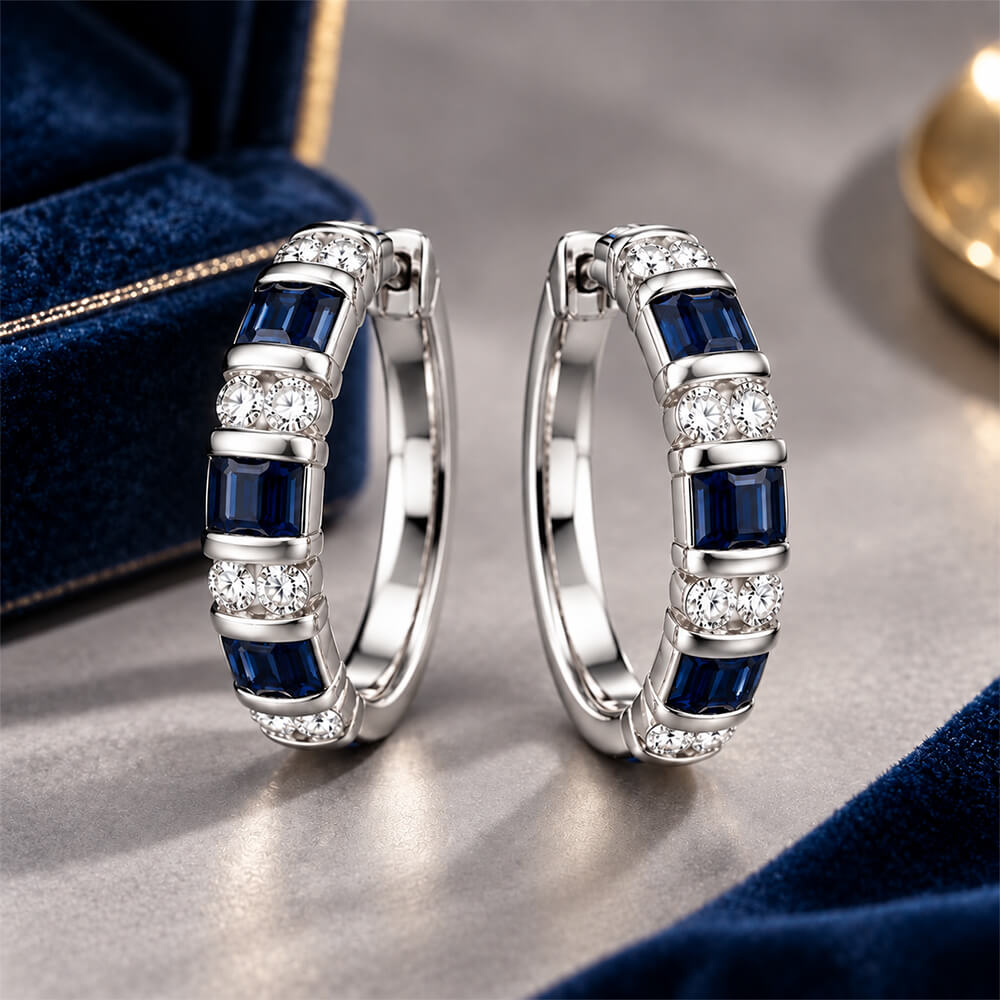 Vintage Channel Setting Baguette & Round Cut Blue & White Sapphire Hoop Earring For Women