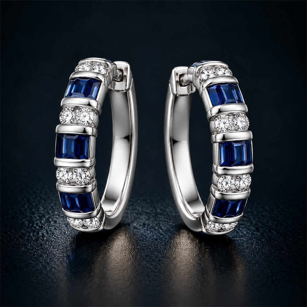 Vintage Channel Setting Baguette & Round Cut Blue & White Sapphire Hoop Earring For Women