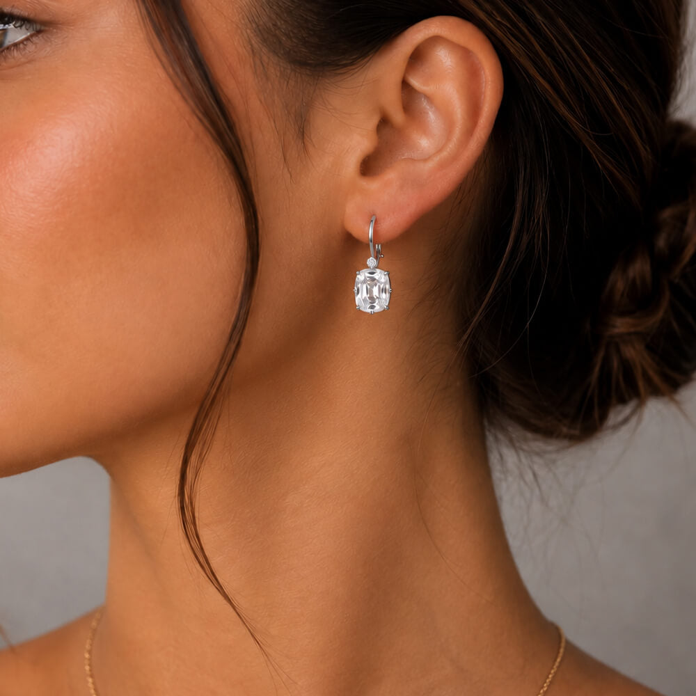 Luxury Jewelry Classic Double Prong Cushion Cut White Sapphire Drop Earrings For Women