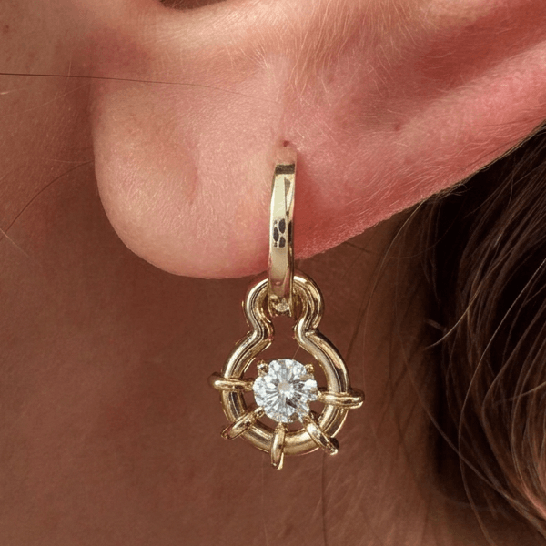 Unique Design Solitaire Yellow Gold Round Cut White Sapphire Drop Earrings For Women