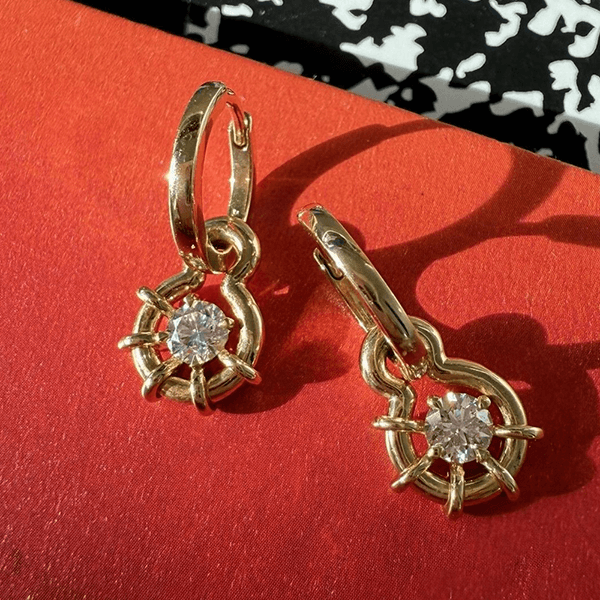 Unique Design Solitaire Yellow Gold Round Cut White Sapphire Drop Earrings For Women