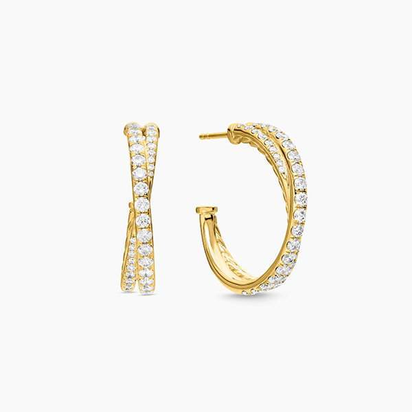 Crossover Design Yellow Gold Round Cut White Sapphire Hoop Earrings For Women