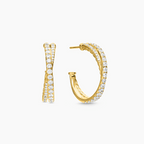 Crossover Design Yellow Gold Round Cut White Sapphire Hoop Earrings For Women