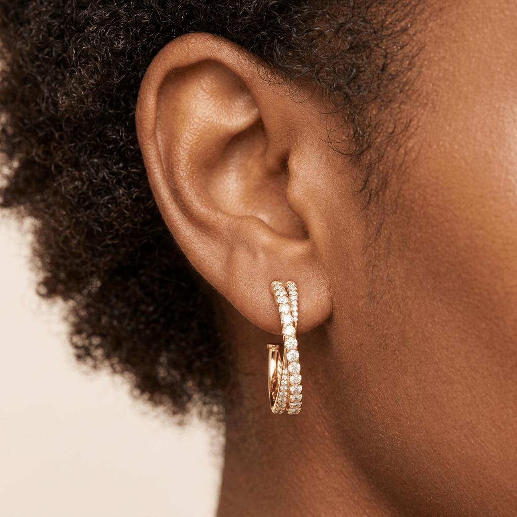 Crossover Design Yellow Gold Round Cut White Sapphire Hoop Earrings For Women